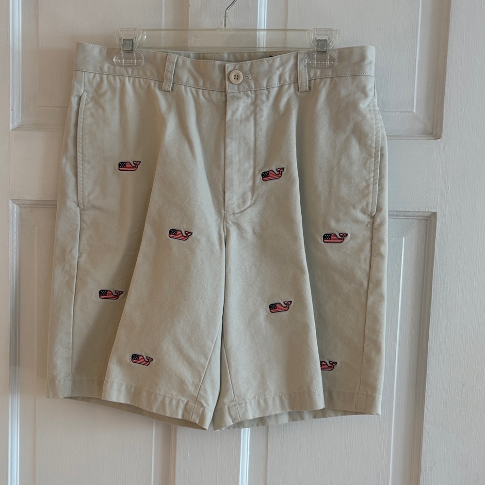 Vineyard Vines Khaki Shorts with Red, White & Blue Whale Embroidery